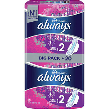 אולווייז פלטינום אולטרה לונג תחבושות היגייניות עם כנפיים בניחוח עדין 20 יחידות - דואו פק
