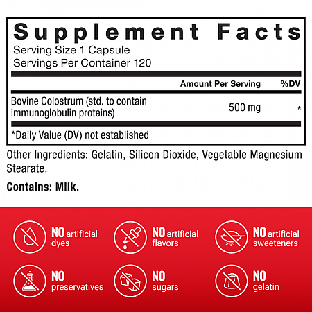 קולוסטרום בקר עם אימונוגלובולין ולקטופרין 500 מ"ג 120 כמוסות - מבית Force Factor