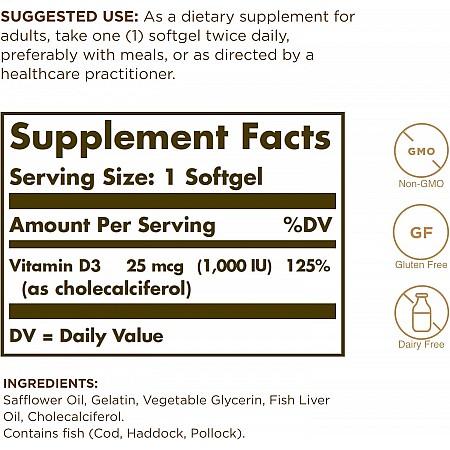 סולגאר ויטמין IU 1000 D3 יחב"ל - 250 כמוסות רכות מבית SOLGAR