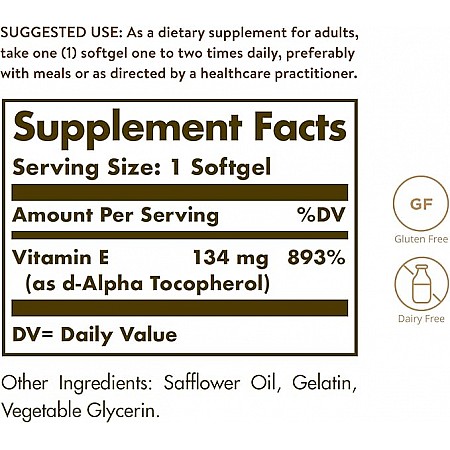 ויטמין E סולגאר 134 מ"ג ממקור טבעי 200 יחב"ל - 100 כמוסות רכות - מבית SOLGAR