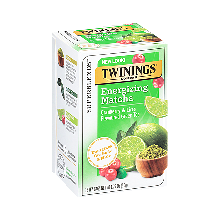 מחיר טווינינגס תה ירוק עם מאצ׳ה להגברת האנרגיה בטעם חמוציות וליים 18 שקיות - מבית Twinings
