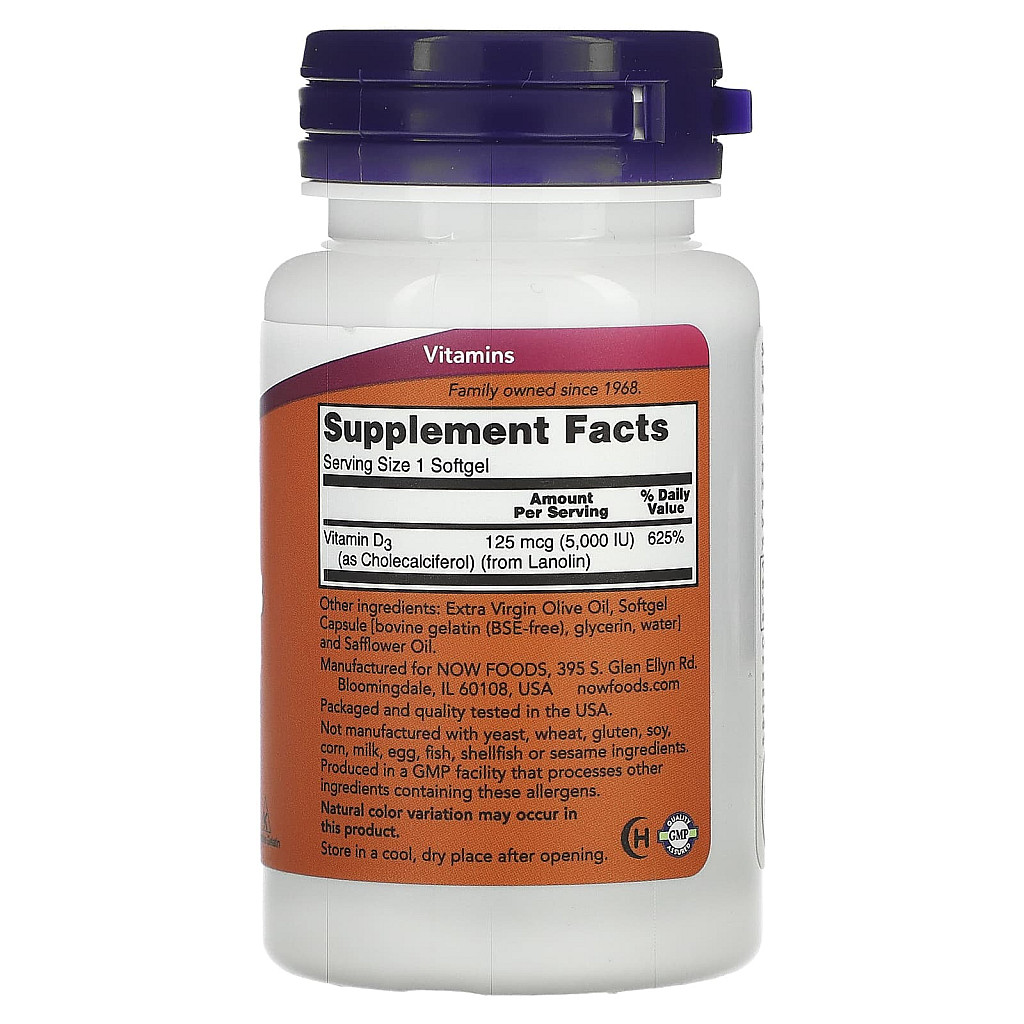 NOW Foods ויטמין D3 5000 יחב"ל 120 כמוסות