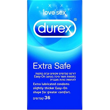 מחיר דורקס קונדומים אקסטרא סייף EXTRA SAFE שקופים ועבים במקצת בתוספת חומר סיכה 36 יחידות - מבית DUREX