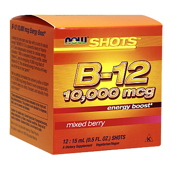 Shots תוסף B-12 בטעם פירות יער 10,000 מק“ג - 12 מנות - מבית NOW FOODS