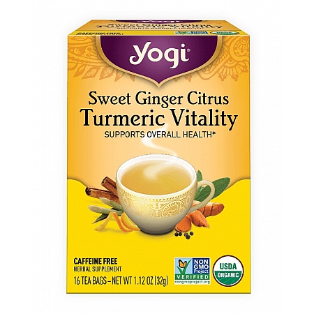 מחיר יוגי תה מתוק עם גינגר הדרים וכורכום לחיוניות נטול קפאין 16 שקיקים - מבית Yogi Tea