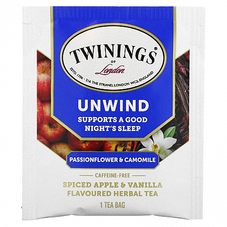 מחיר טווינינגס תה צמחים מרגיע פסיפלורה קמומיל וניל ותפוח מתובל Unwind ללא קפאין 18 שקיקי - מבית Twinings