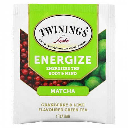 מחיר טווינינגס תה ירוק עם מאצ׳ה Energize בטעם חמוציות וליים 18 שקיקי - מבית Twinings