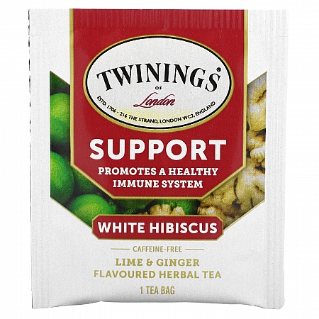 מחיר טווינינגס תה צמחי מרפה Support היביסקוס לבן ליים וג׳ינג׳ר ללא קפאין 18 שקיקי - מבית Twinings
