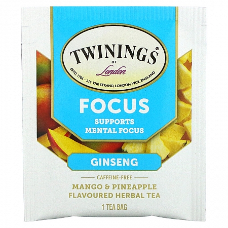 מחיר טווינינגס תה צמחים ריקז Focus ג'ינסנג מנגו ואננס נטול קפאין 18 שקיקי - מבית Twinings