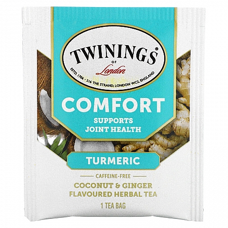 מחיר טווינינגס תה צמחי הקלה כורכום קוקוס וג'ינג'ר ללא קפאין 18 שקיקי - מבית Twinings