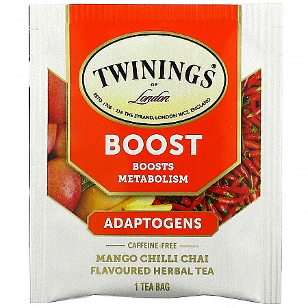 מחיר טווינינגס תה צמחי מרפה בוסט אדפטוג'נס Boost Adaptogens בטעם מנגו צ'ילי צ'אי ללא קפאין 18 שקיקי - מבית Twinings