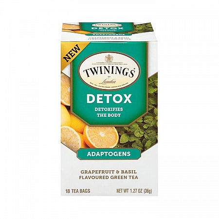 מחיר טווינינגס תה ירוק דטוקס ניקוי קיבה Detox אדפטוגנים אשכוליות ובזיליקום ללא קפאין 18 שקיקי - מבית Twinings