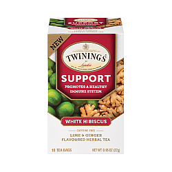 טווינינגס תה צמחי מרפה Support היביסקוס לבן ליים וג׳ינג׳ר ללא קפאין 18 שקיקי - מבית Twinings
