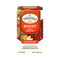 טווינינגס תה צמחי מרפה בוסט אדפטוג'נס Boost Adaptogens בטעם מנגו צ'ילי צ'אי ללא קפאין 18 שקיקי - מבית Twinings