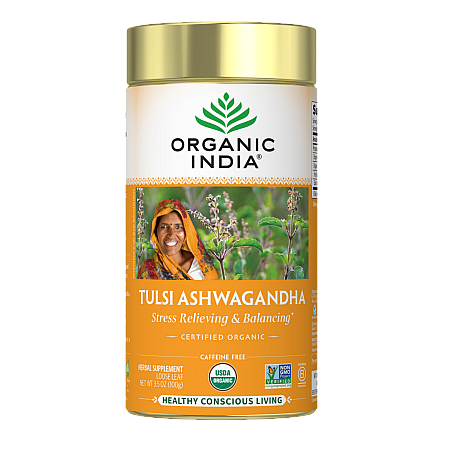 מחיר אורגניק אינדיה עלה תה טולסי אשוואגנדה נטול קפאין 100 גרם - מבית Organic India