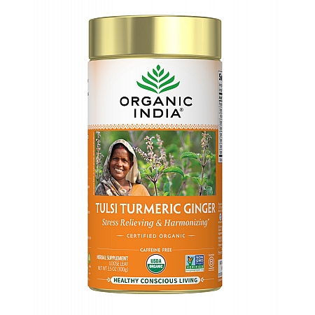 מחיר אורגניק אינדיה עלי תה טולסי גינגר כורכום נטול קפאין 100 גרם - מבית Organic India