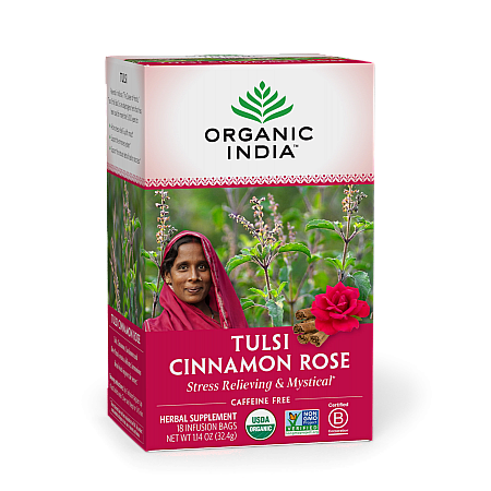 מחיר אורגניק אינדיה תה טולסי קינמון ורד (רוז) נטול קפאין 18 שקיקים חליטה - מבית Organic India