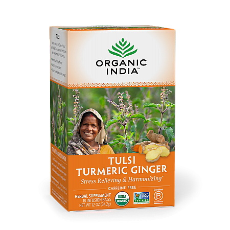 מחיר אורגניק אינדיה תה טולסי גינגר כורכום נטול קפאין 18 שקיקים חליטה - מבית Organic India