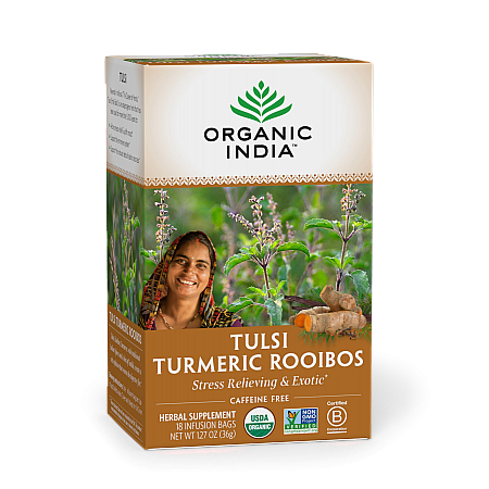 מחיר אורגניק אינדיה תה טולסי כורכום רואיבוס נטול קפאין 18 שקיקים חליטה - מבית Organic India