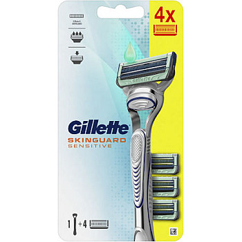 ג'ילט סקינגארד אלוורה מכשיר גילוח סכיני גילוח לעור רגיש 1 ידית + 4 סכינים - מבית Gillette
