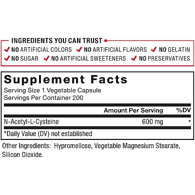 N-אצטיל L-ציסטאין 600 מ"ג NAC כמות 200 כמוסות צמחיות - מבית Force Factor