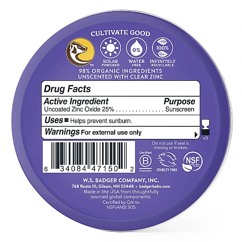 קרם הגנה מינרלי עם אבץ שקוף SPF 50 ללא בישום 68 גרם - מבית Badger