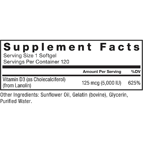 ויטמין D3 מינון 125 מק"ג (5,000 יחב״ל) 120 כמוסות רכות - מבית Force Factor