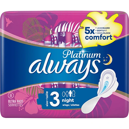 אולוויז פלטינום תחבושות עם כנפיים לילה 8 יחידות