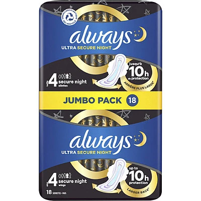 אולוויז תחבושות אולטרה עם כנפיים לילה בטוח 18 יחידות - אריזת ג'מבו