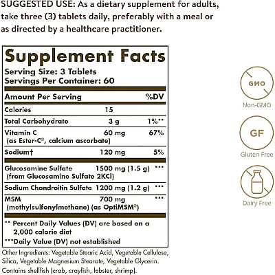 גלוקוזאמין כונדרואיטין MSM וחומצה Ester-C סולגאר - 180 טבליות מבית SOLGAR