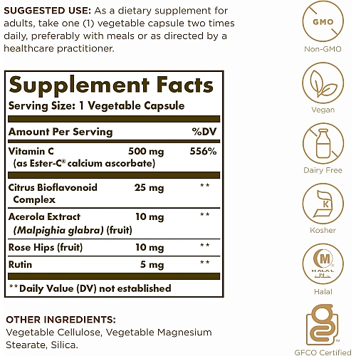 ויטמין C אסטרולה Ester-C Plus סולגאר 500 מ"ג - 250 כמוסות מבית SOLGAR