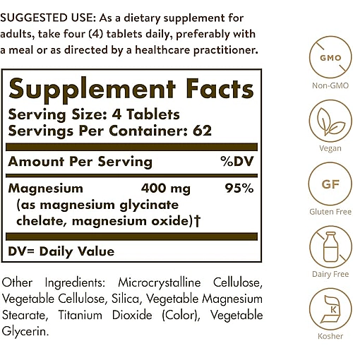 סולגאר מגנזיום כלאטי 250 טבליות - מבית SOLGAR