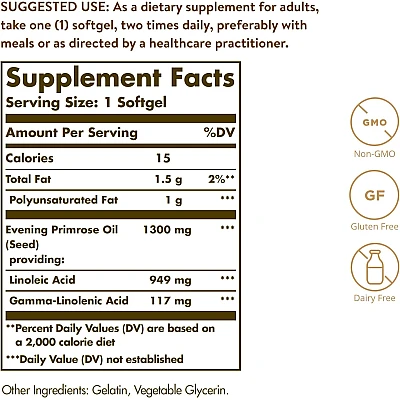 סולגאר שמן נר הלילה 1300 מ"ג - 60 כמוסות רכות - מבית SOLGAR
