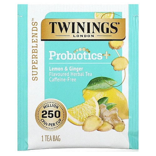 טווינינגס תה צמחים פרוביוטיקה Probiotics בטעם לימון וג'ינג'ר ללא קפאין 18 שקיקי - מבית Twinings
