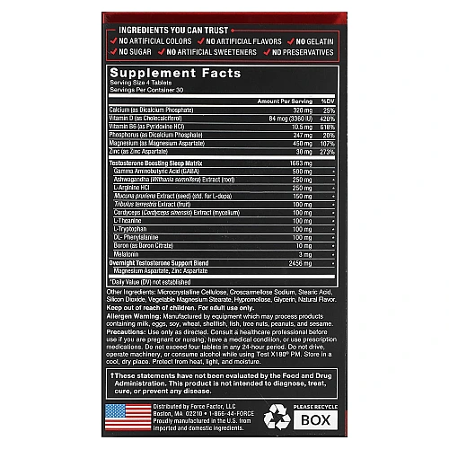 Test X180 PM מגביר טסטוסטרון לשעות הלילה 120 טבליות - מבית Force Factor