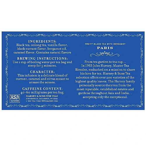 תה שחור פריז פירותי עם ברגמוט 50 שקיקי 90 גרם  - מבית Harney & Sons