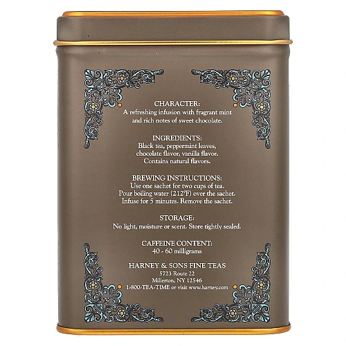תערובות תה שחור שוקולד מנטה בפחית 40 גרם 20 שקיות - מבית Harney & Sons