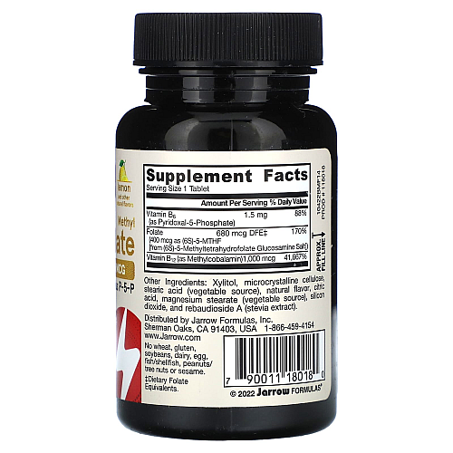 ג’ארו מתיל B-12 טבעוני 1,000 מק"ג + מתיל פולאט 400 מק"ג בטעם לימון 100 טבליות לעיסות - מבית Jarrow Formulas
