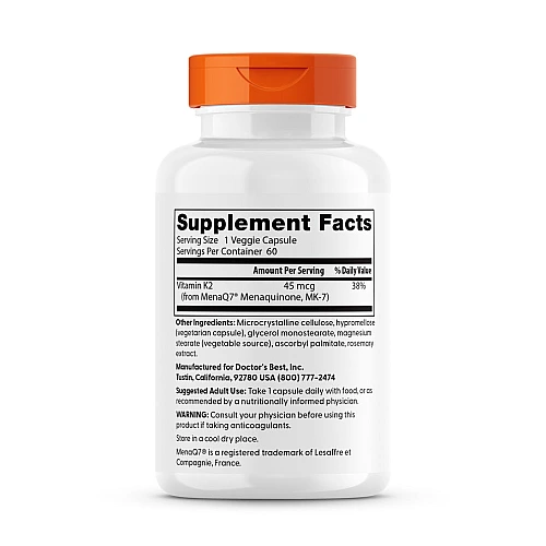 ויטמין K2 MK-7 טבעי עם MenaQ7 מכיל 45 מק"ג 60 כמוסות צמחיות - מבית Doctor's best