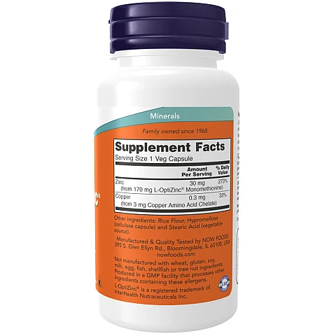 L-OptiZinc אבץ 30 מ"ג 100 כמוסות - מבית NOW FOODS