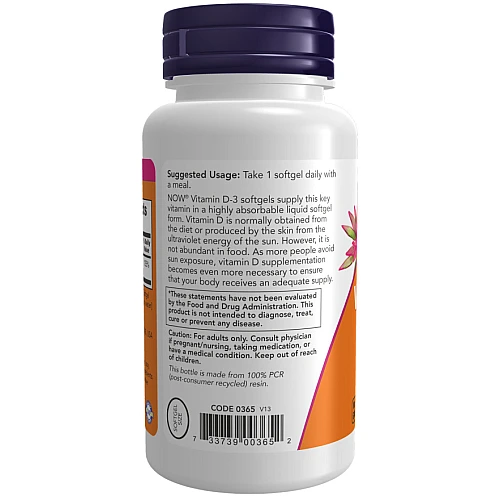 ויטמין D3 מכילה 1000 יחב"ל תכולה 180 כמוסות - מבית NOW FOODS