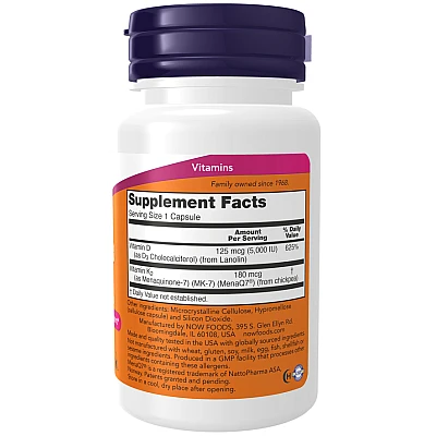 ויטמין מגה D-3 (5,000 יחב״ל) וK-2 (180 מק"ג) 120 כמוסות - מבית NOW FOODS