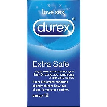 דורקס קונדומים אקסטרא סייף EXTRA SAFE שקופים ועבים במקצת בתוספת חומר סיכה 12 יחידות - מבית DUREX