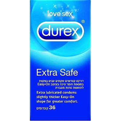 דורקס קונדומים אקסטרא סייף EXTRA SAFE שקופים ועבים במקצת בתוספת חומר סיכה 36 יחידות - מבית DUREX