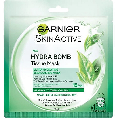גרנייה TISSUE MASK מסכת תה ירוק לעור רגיל עד מעורב - 32 גרם - מבית GARNIER