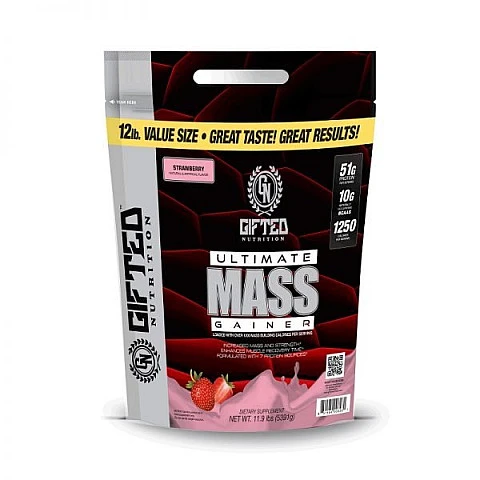 גיינר לעליה מהירה במאסה ULTIMATE MASS - יחס 1:5 בטעם תות - משקל 5.4 ק"ג - מבית Gifted Nutrition גיינר לעליה מהירה במאסה ULTIMATE MASS - יחס 1:5 בטעם תות - משקל 5.4 ק"ג - מבית Gifted Nutrition