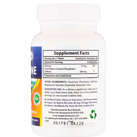 קפאין 200 מ"ג עם סידן - 120 טבליות - מבית Best Naturals קפאין 200 מ"ג עם סידן - 120 טבליות - מבית Best Naturals