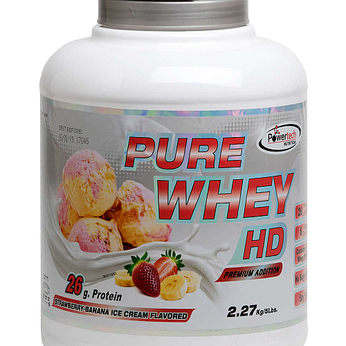 אבקה חלבון מי גבינה פיור ווי HD בטעם תות בננה בד"ץ משקל 2.3 ק"ג - מבית PowerTech Nutrition