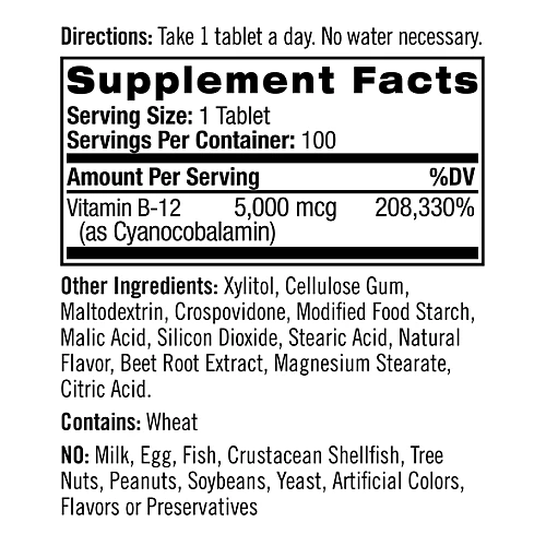 ויטמין B12 מינון 5000 מק"ג טבליות למציצה טעם תות - 100 טבליות - מבית NATROL