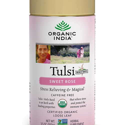 אורגניק אינדיה תה עלים טולסי ורד מתוק נטול קפאין 100 גרם - מבית Organic India